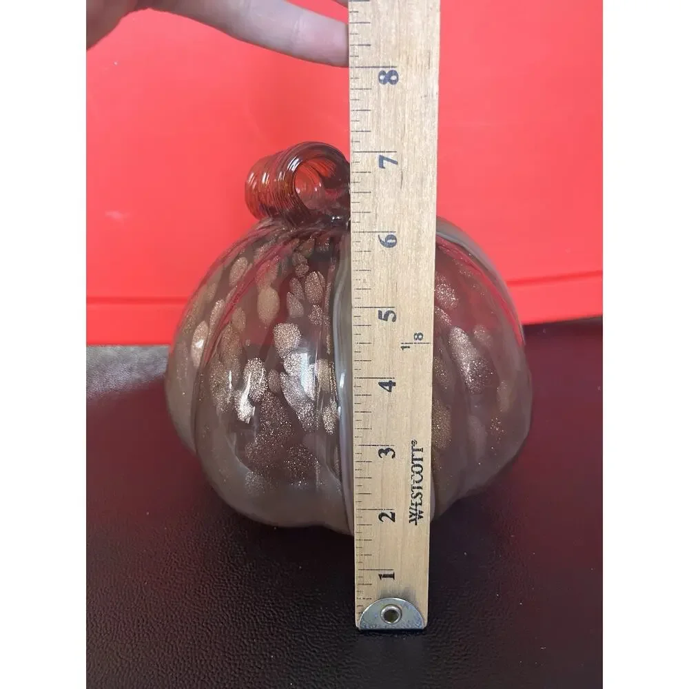 Art Glass Pumpkin Hand Blown Brown Striped Swirl Gold Stem Autumn Harvest 5